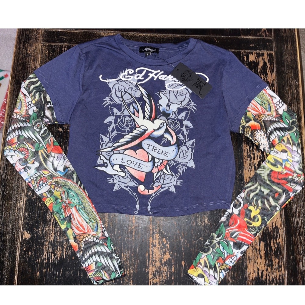 Ed Hardy Women Blue True Love Tattoo Graphic Mesh Layered Sleeve Crop Top S NEW